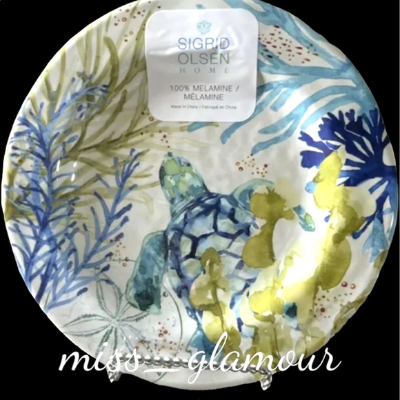 SET OF 4 SIGRID OLSEN COASTAL MELAMINE BLUE GREEN SEA TURTLE 9" SALAD PLATES - Picture 1 of 2